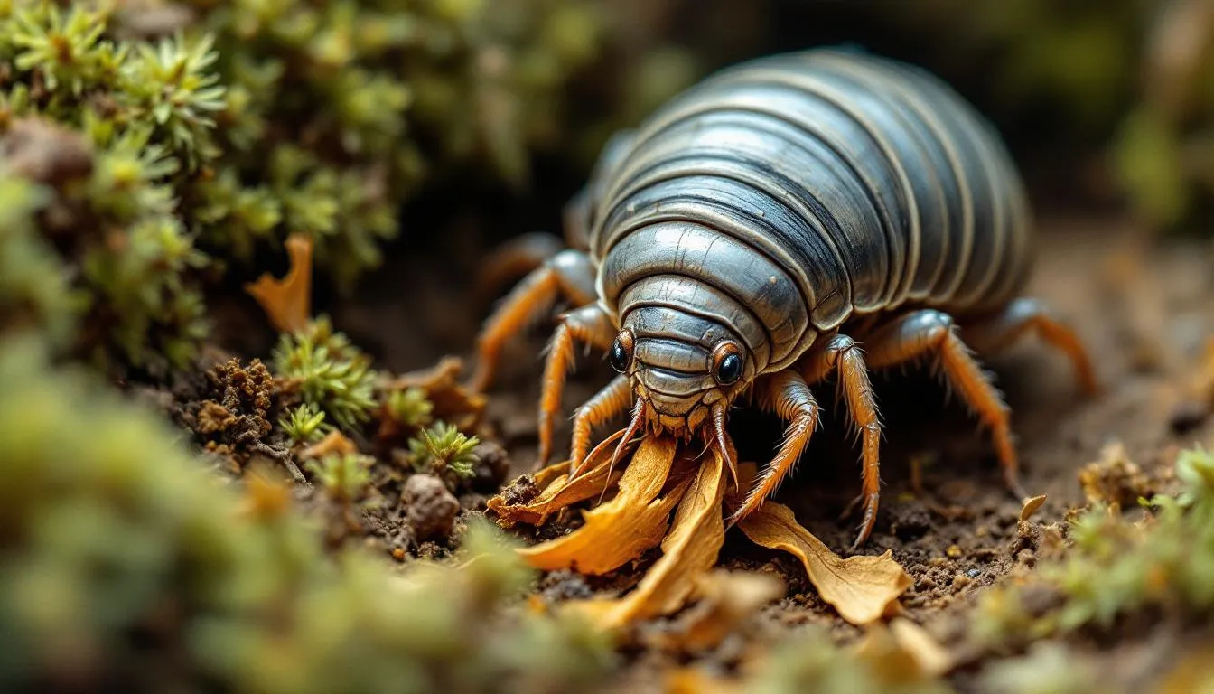 A close-up of a woodlouse feeding on decaying plant material, showcasing its diet.