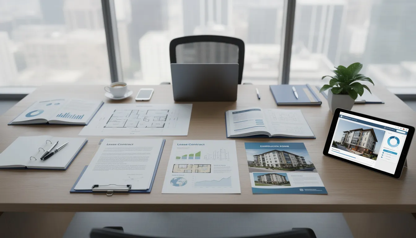 The image depicts a modern office environment filled with business documents related to real estate investments and property management materials. It highlights a workspace designed for real estate investors, showcasing important legal documents and resources that support effective management and liability protection for their ventures.