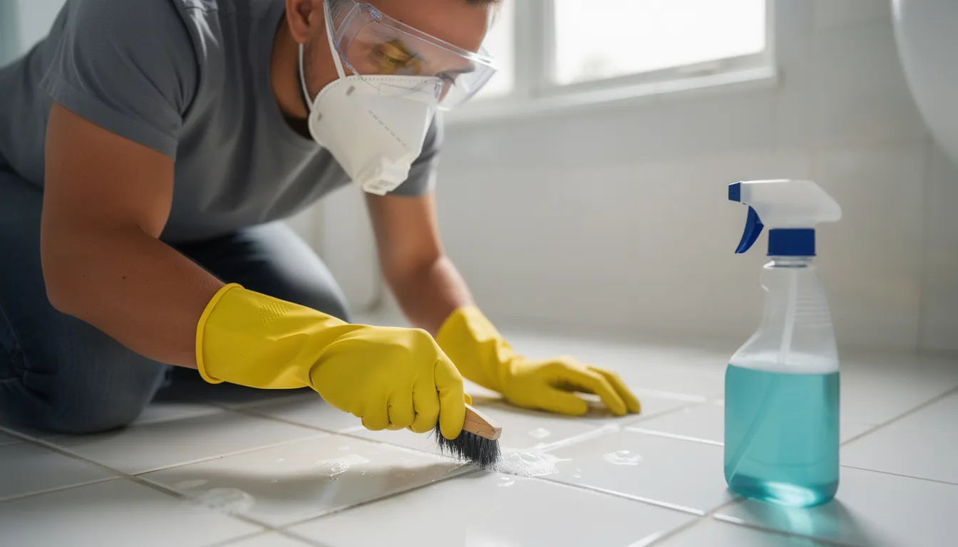 A person wearing a protective N95 mask is carefully cleaning a small area of tile grout, likely to address potential mold contamination. This action is part of a mold remediation effort to prevent health risks associated with mold growth and ensure a safe living environment.