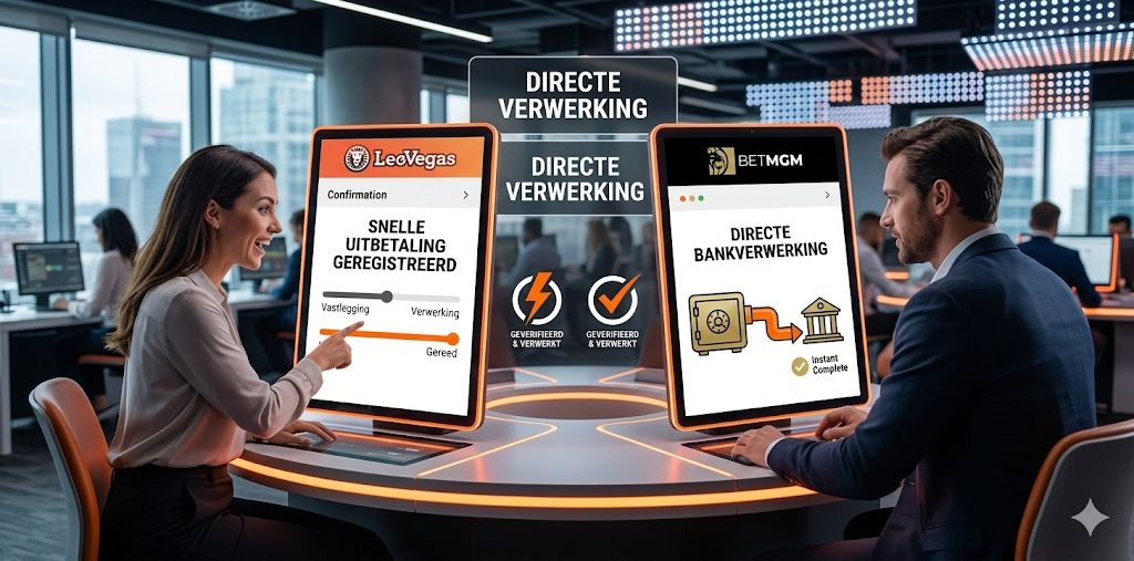 Spelers vergelijken snelle uitbetaling bij online casino’s zoals LeoVegas en BetMGM, met directe verwerking van uitbetalingen, voorbeeld van een snelst uitbetalend online casino waar spelers hun uitbetaling aanvragen en direct laten uitbetalen.