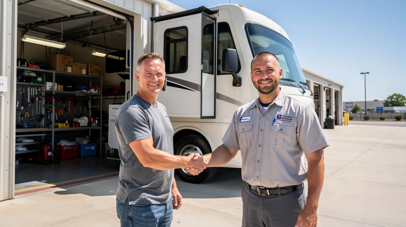 A person is shaking hands with a certified RV technician next to an open RV service bay, showcasing a professional mobile RV repair service on a bright day. The scene emphasizes the importance of routine maintenance and expert assistance for RV owners.