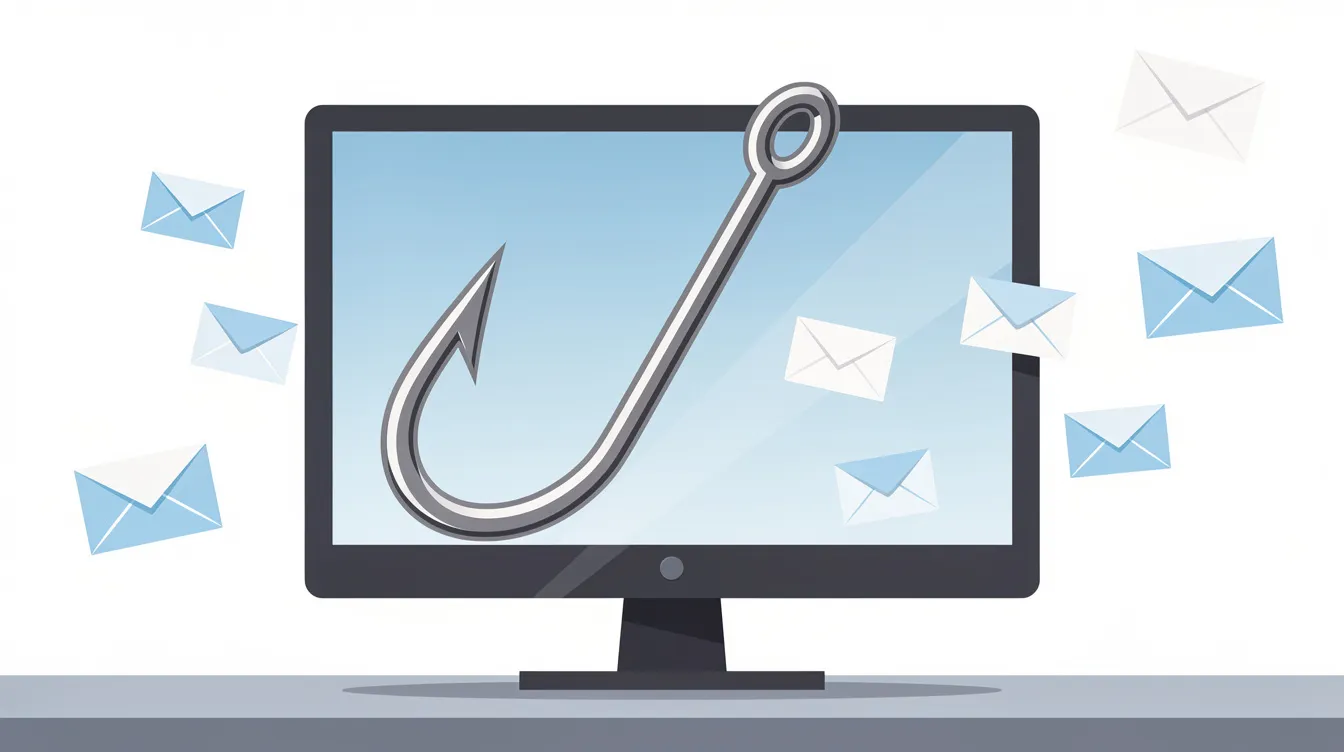 The image depicts a stylized fishing hook emerging from a computer screen, surrounded by floating email envelope icons, symbolizing phishing attacks and the threat of cyber security risks. This visual highlights the importance of security awareness in protecting sensitive data from malicious attempts.