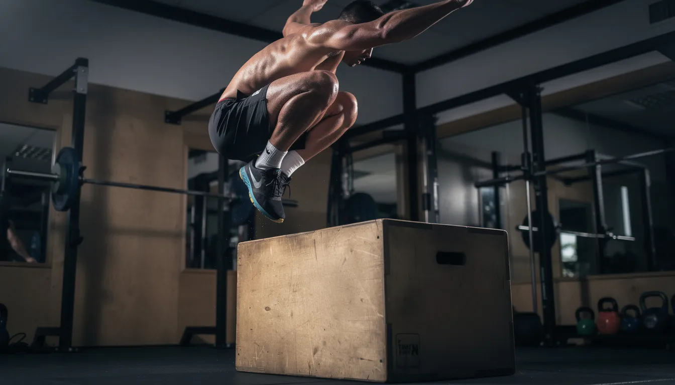 An athlete is captured mid-air performing an explosive box jump in a gym, showcasing their athletic performance and muscle strength. This intense exercise highlights the importance of creatine supplementation for improving exercise performance and muscle growth.