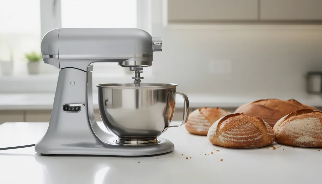 A modern Ankarsrum stand mixer with a wide stainless steel bowl sits on a clean kitchen counter, accompanied by freshly baked bread loaves. The mixer is designed for versatile baking, making it perfect for kneading dough and preparing various recipes.