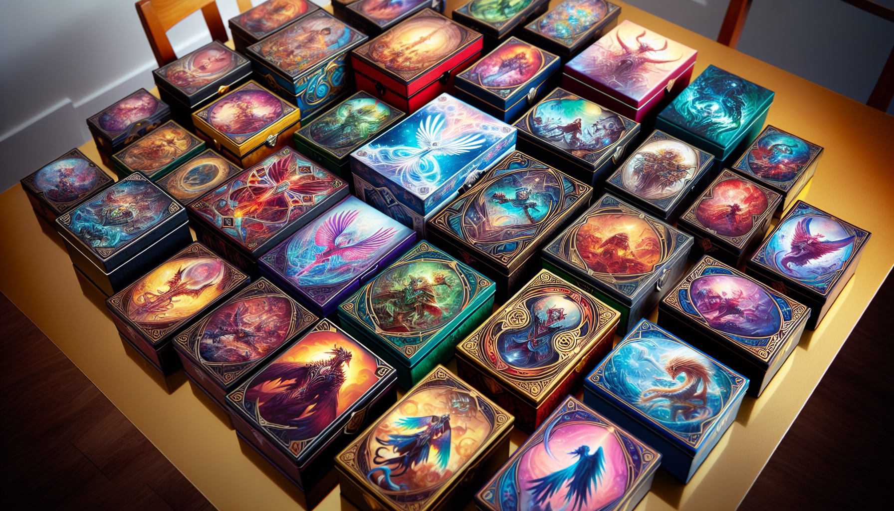 An illustration of various deck boxes for Magic: The Gathering displayed on a table.