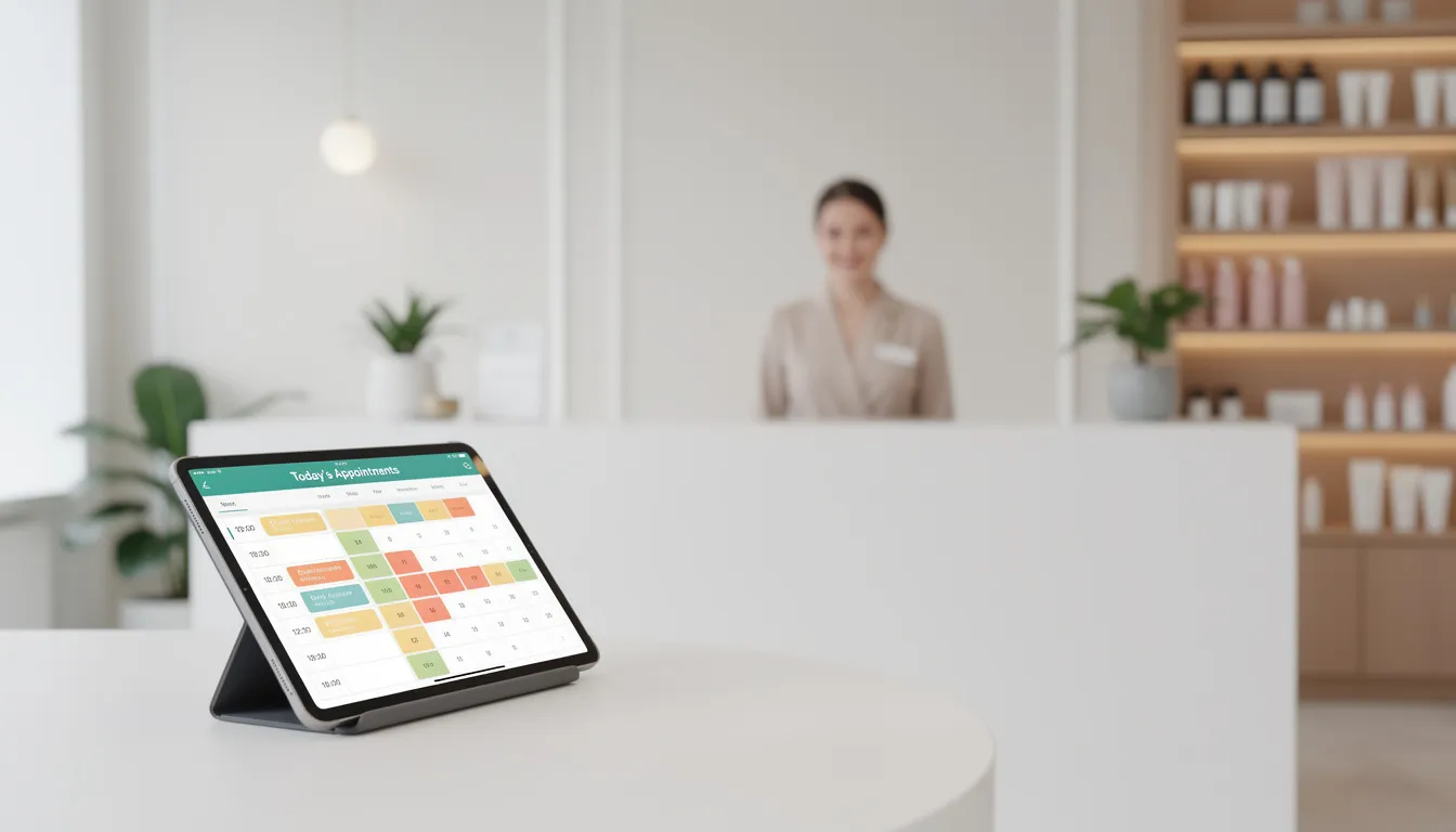 La imagen muestra la recepción de un moderno salón de belleza, donde se destaca una tablet que exhibe un calendario de citas. Este espacio refleja la integración de tecnología y atención al cliente, facilitando la gestión de reservas y recordatorios en tiempo real.
