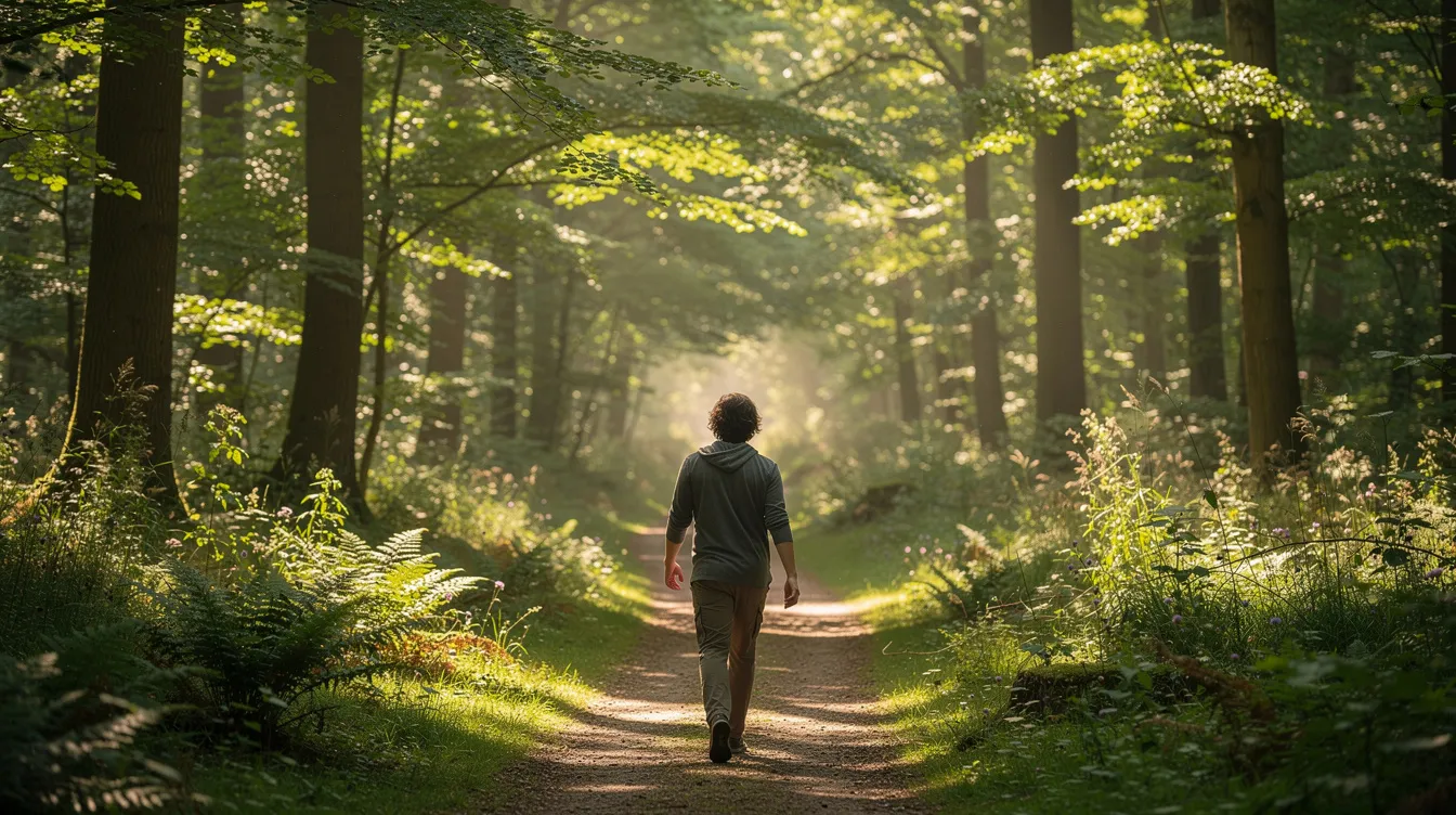 Eine Person geht entspannt in der Natur spazieren, umgeben von hohen Bäumen, was helfen kann, den Cortisolspiegel zu senken und Stress abzubauen. Die natürliche Umgebung fördert das Wohlbefinden und trägt zur Entspannung bei.