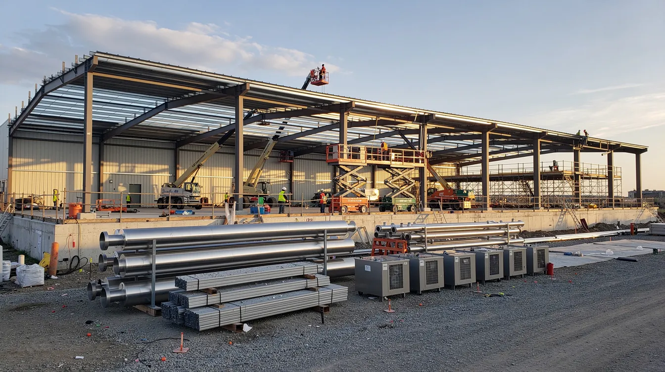 The image depicts an industrial food processing plant under construction, showcasing its structural framework and machinery setup, indicative of the ghee manufacturing process. This facility is designed to enhance production capacity in the ghee manufacturing industry, aligning with current industry trends and market growth opportunities.