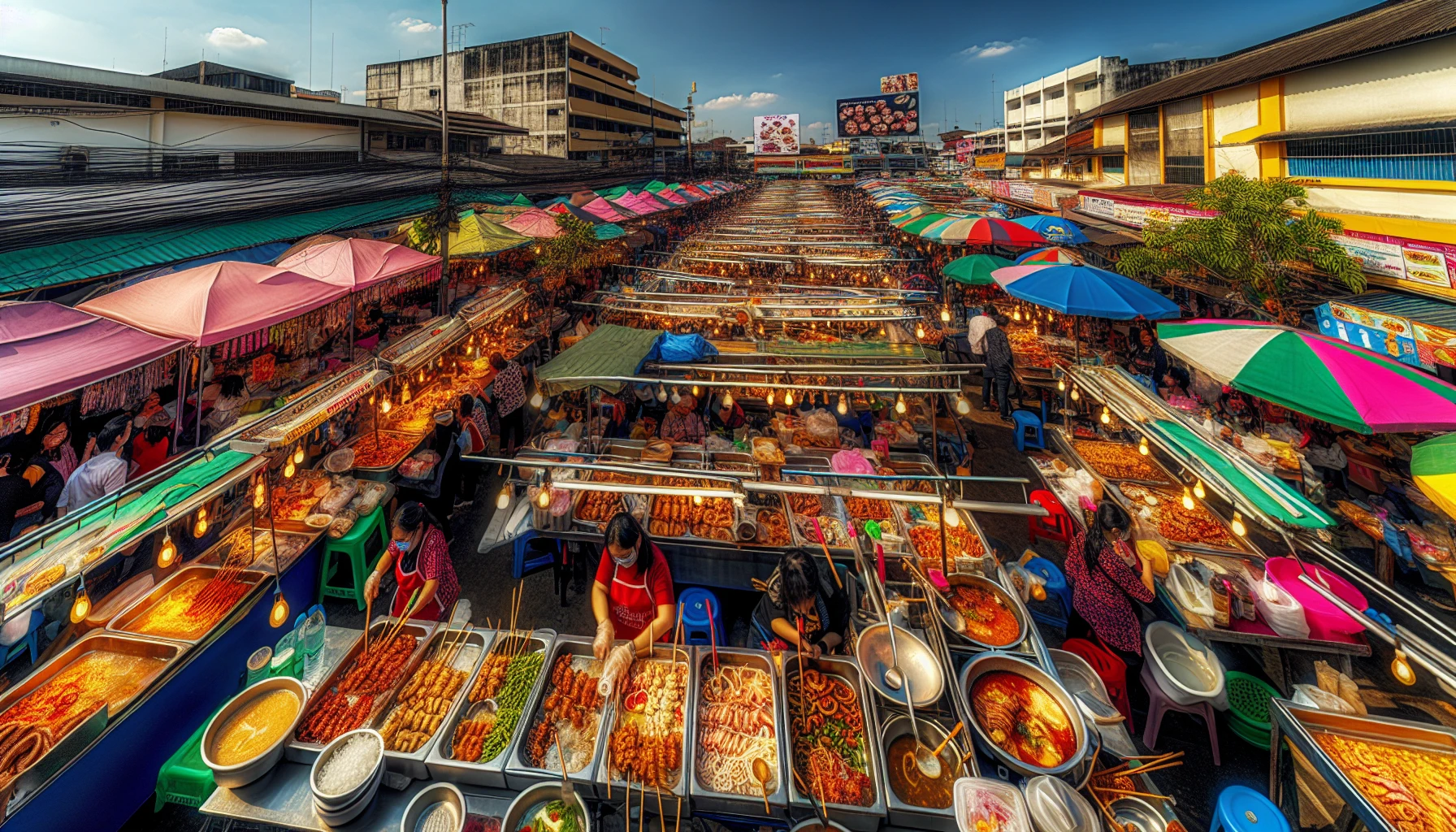 A bustling street food market with colorful food stalls and diverse culinary offerings