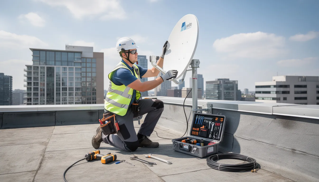 A technician is seen installing a satellite dish on a rooftop, surrounded by various tools used for the installation process. This professional DSTV installation service ensures optimal performance for viewers in Pringle Bay, providing access to a range of DSTV channels.