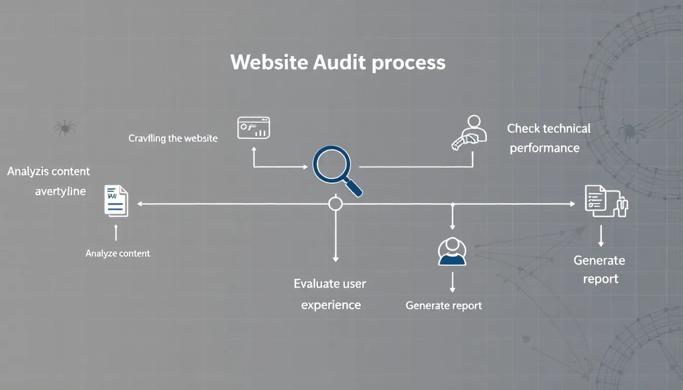The image illustrates the concept of a website audit, showcasing various elements such as broken links, meta descriptions, and site speed that are essential for improving a website's performance and search engine visibility. It highlights the auditing process and tools used to analyze a website's technical health and SEO strategy for better search engine results.