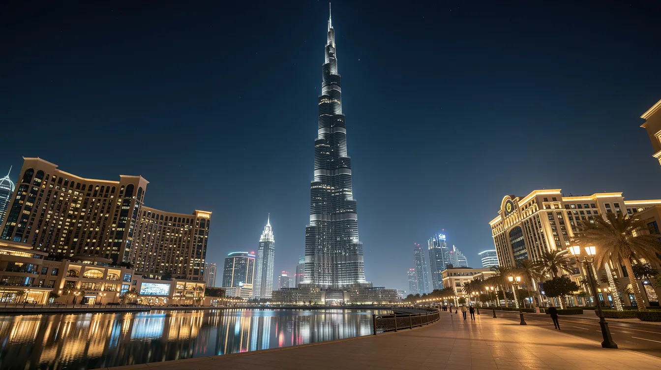 A imagem mostra o Burj Khalifa, o edifício mais alto do mundo, localizado em Dubai, nos Emirados Árabes Unidos. Com sua impressionante altura e arquitetura moderna, ele se destaca na paisagem urbana da cidade, refletindo o estilo de vida vibrante e cosmopolita da região.