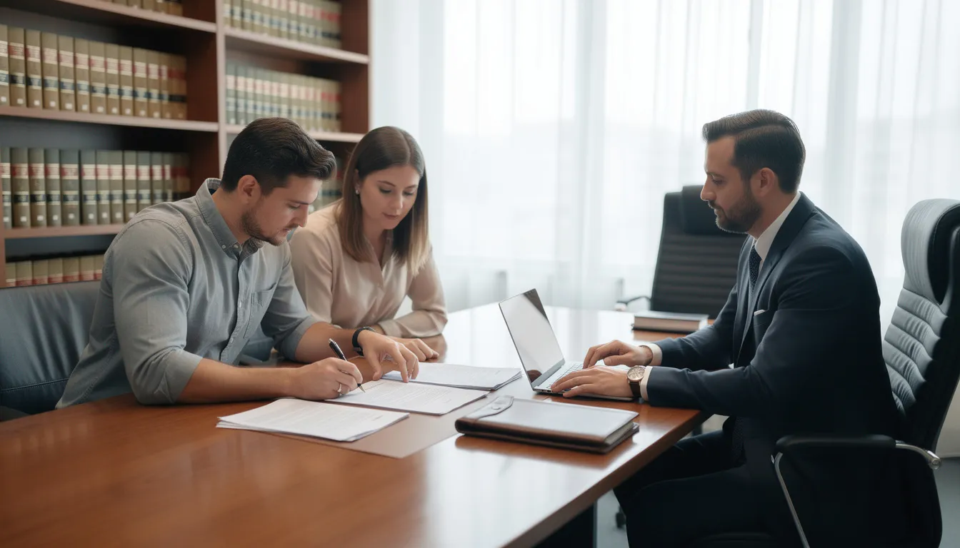 The image shows a couple sitting at a table in a professional office, reviewing legal documents with an experienced divorce attorney. They appear to be discussing the divorce process and the necessary forms for an uncontested divorce in Texas, highlighting the importance of legal guidance in family law cases.