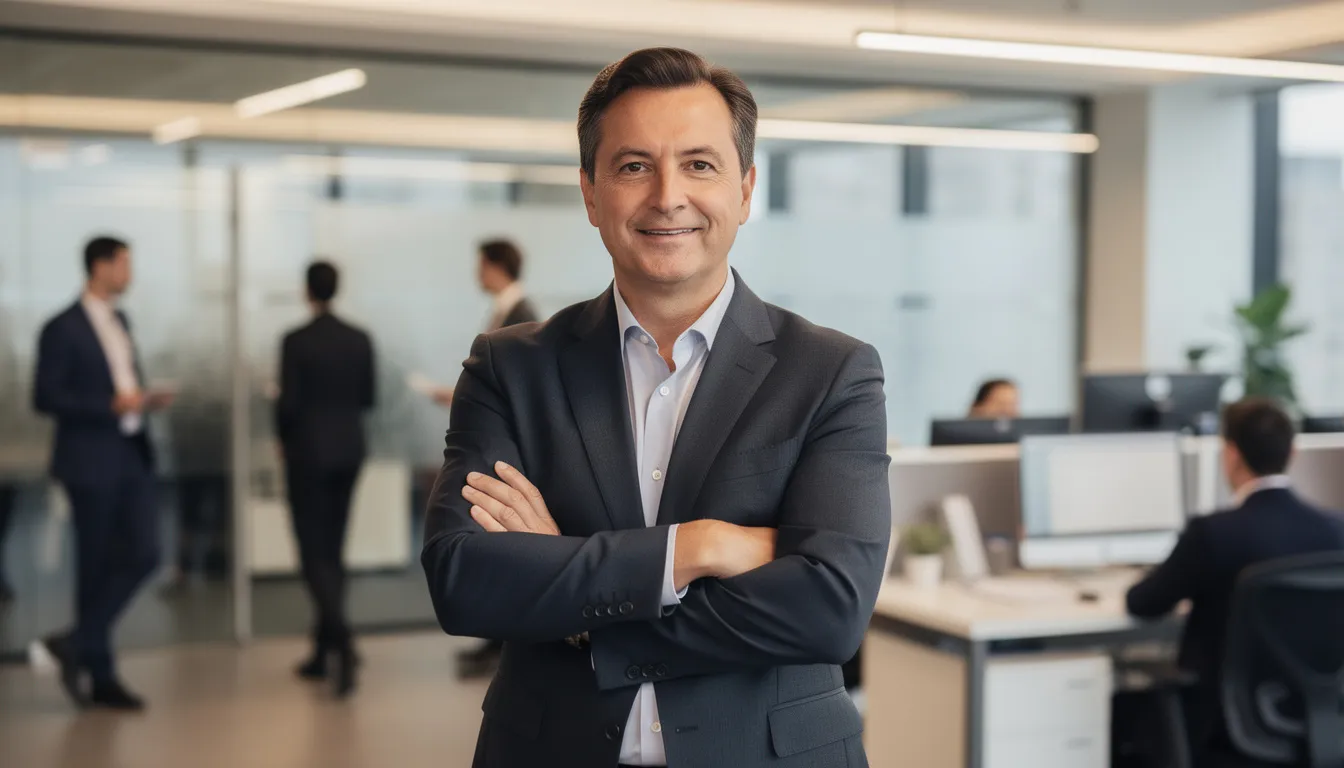 A confident business leader is looking directly at the camera with arms crossed and a slight smile, set against a blurred background of a bustling office environment. The image conveys a sense of success and accomplishment, highlighting the leader's role in guiding their company forward in a competitive business landscape.