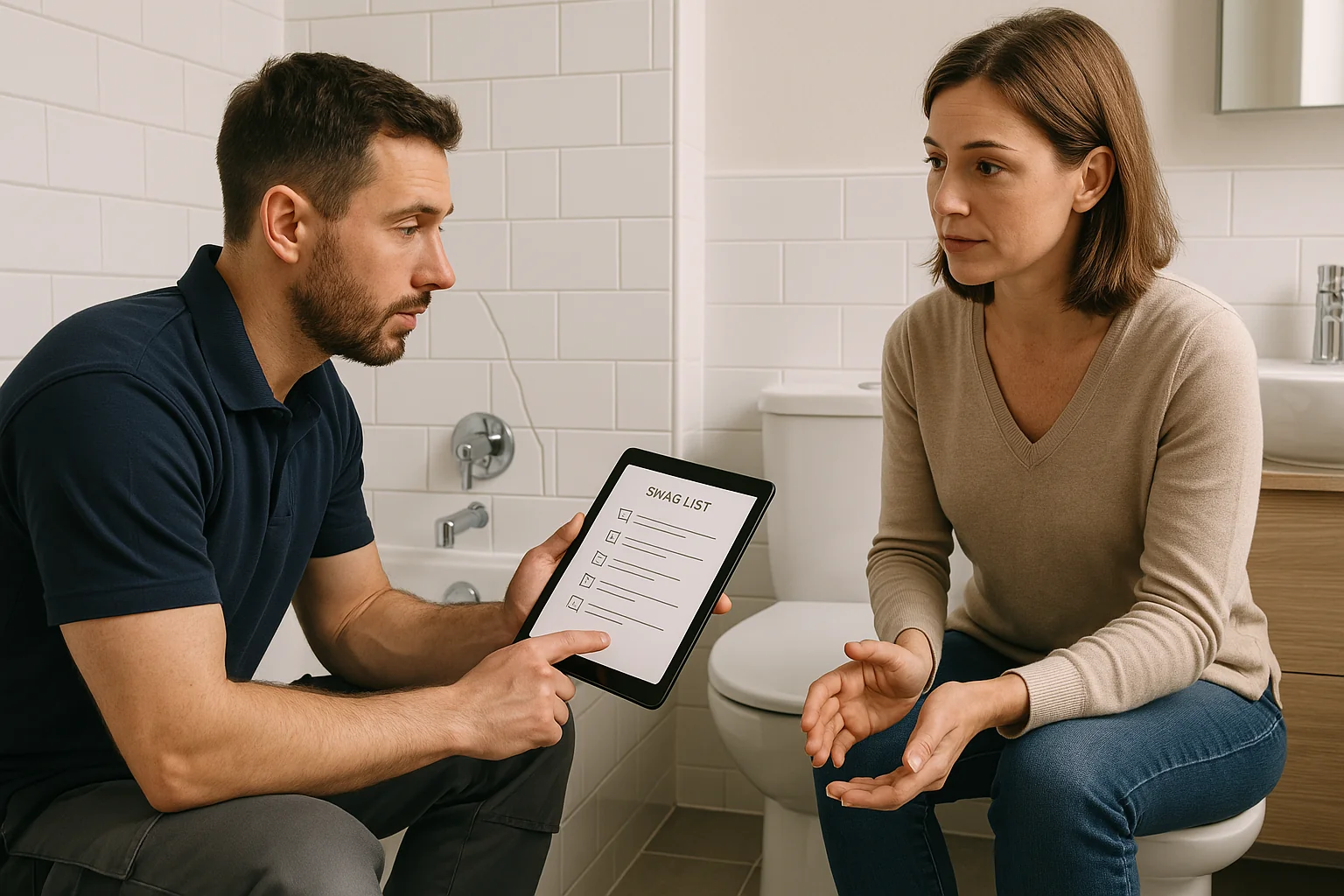 Homeowner and bathroom fitter discussing a snag list next to a broken tile in a half-installed space.