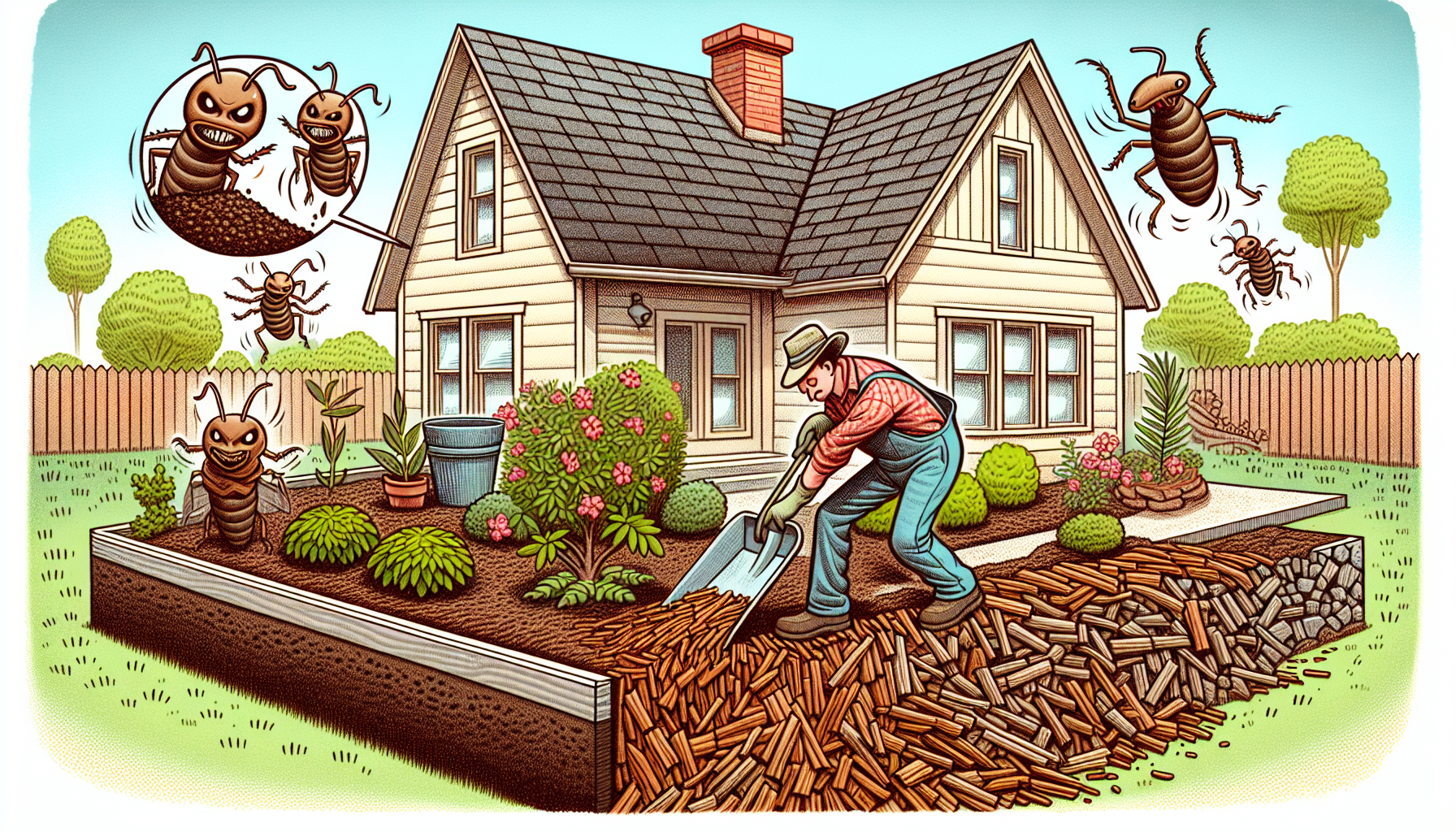 Cartoon of proper mulching techniques for termite prevention