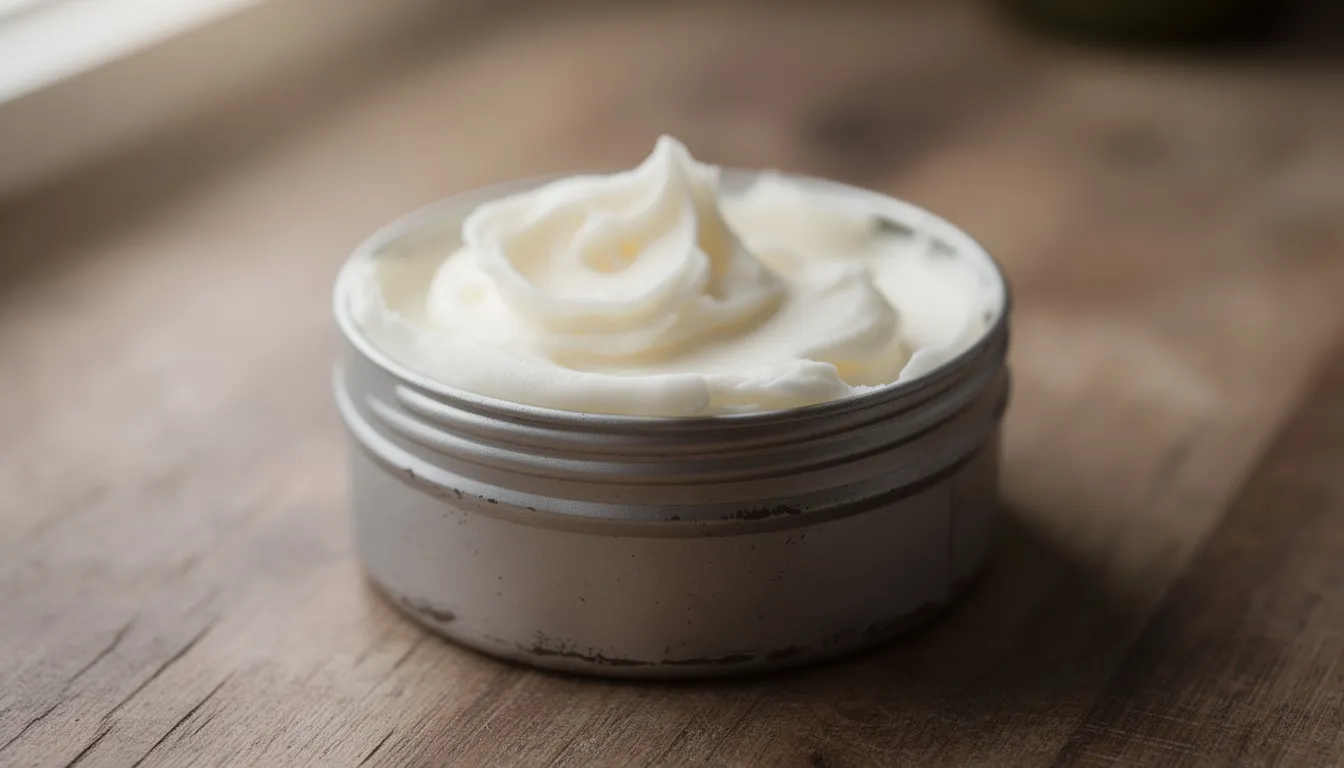 The image shows a rustic tin container filled with a small batch of whipped cream-colored balm, which may contain beneficial ingredients like beef tallow and essential oils, ideal for moisturizing sensitive or very dry skin. This skincare product emphasizes hydration and may help support the skin barrier while being fragrance-free and suitable for various skin types.
