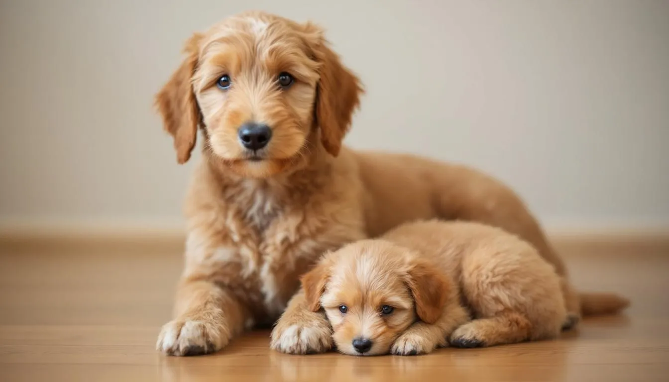 A small F1B Mini Goldendoodle puppy with a curly coat sits next to an adult goldendoodle, showcasing the size progression between the playful puppy and its fully grown counterpart. Both dogs exhibit the breed
