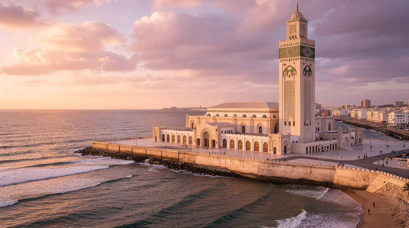 Une vue panoramique de la mosquée Hassan II de Casablanca au coucher du soleil, avec l'océan Atlantique en arrière-plan, illuminant majestueusement l'architecture. Cette image évoque le charme de Casablanca, une ville où les touristes peuvent également trouver des agences de location de voiture pour explorer la région.