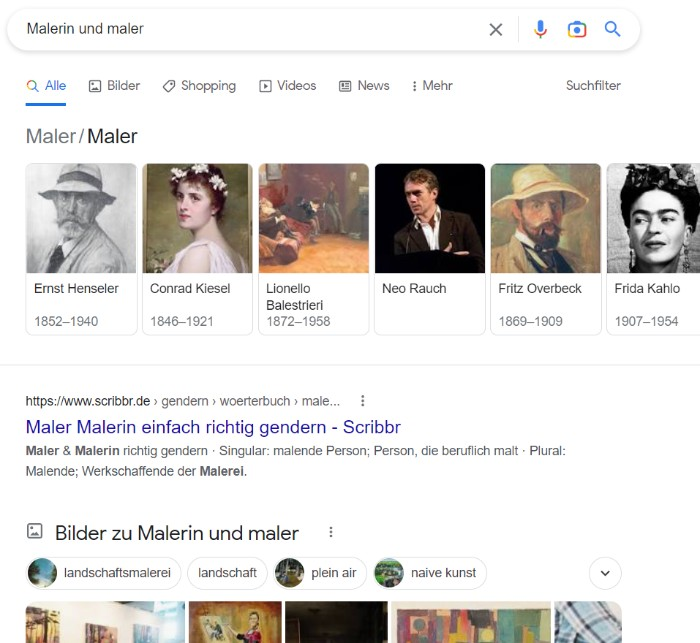 Google Resultate zur Paarform von Malerin und Maler