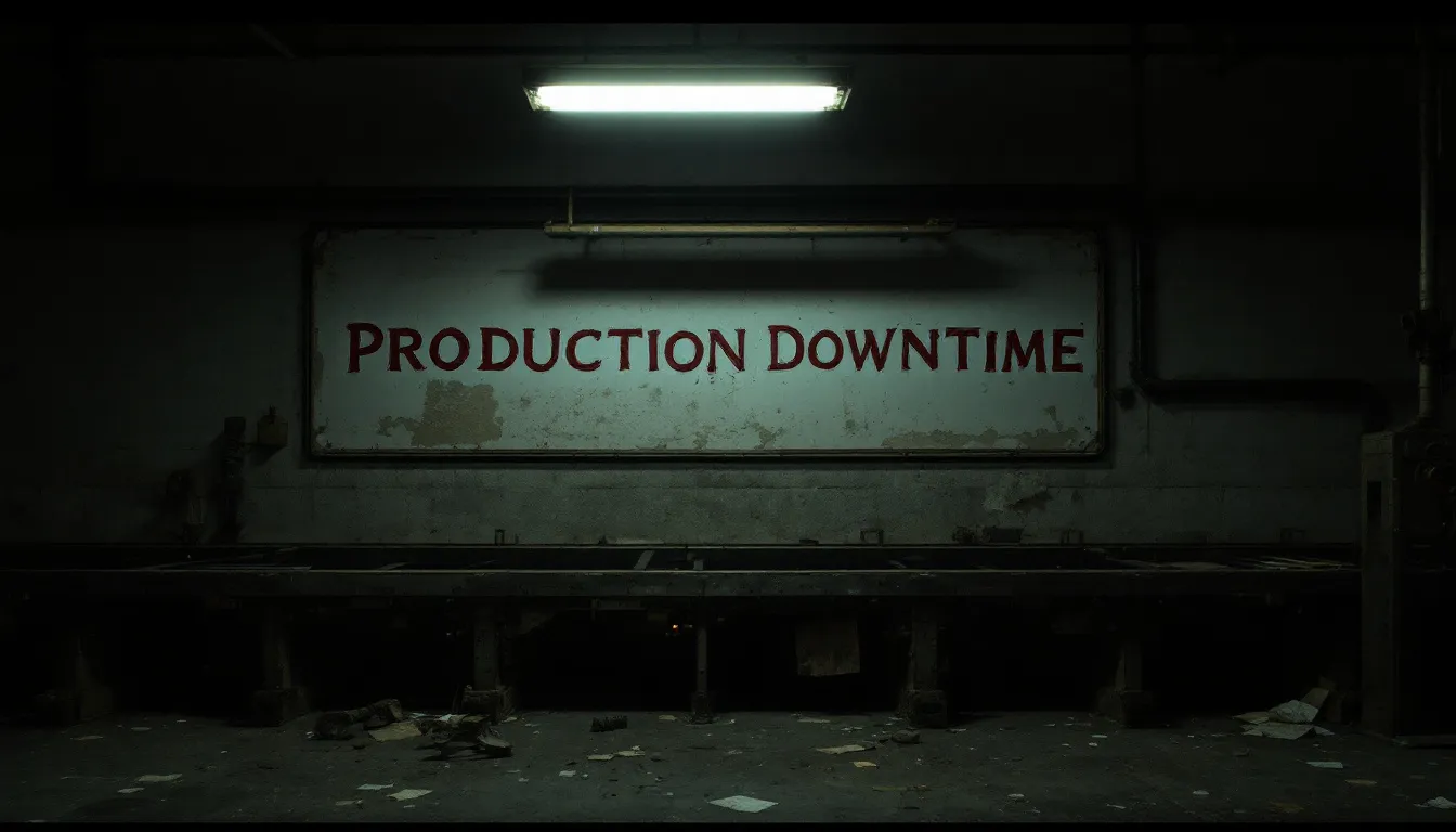 The image depicts a manufacturing plant experiencing production downtime, highlighting the impact on overall equipment effectiveness and production efficiency. It illustrates the importance of tracking key performance indicators (KPIs) to optimize manufacturing operations and minimize unplanned downtime.