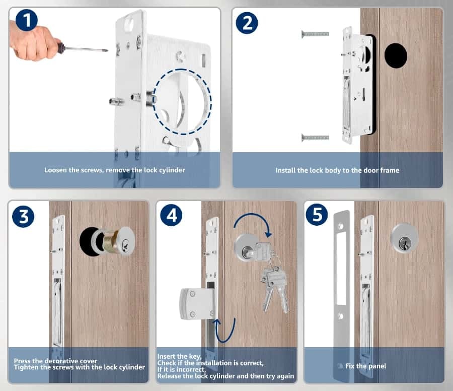 An installation process of a mortise lock being demonstrated.