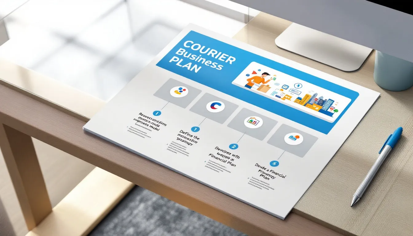 A detailed business plan document on a desk, representing the development of a courier business plan.