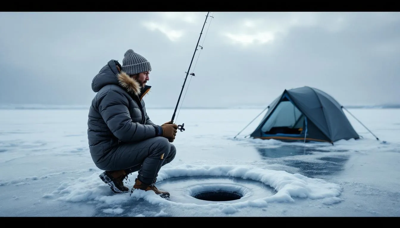 Wędkarz stoi na zamarzniętym jeziorze, przygotowany do łowienia pod lodem z kompletnym zestawem wędkarskim, w tym wędką podlodową i przynętami. W tle widać pokryty śniegiem lód oraz otwory w lodzie, przez które można łowić ryby, takie jak okonie czy szczupaki.