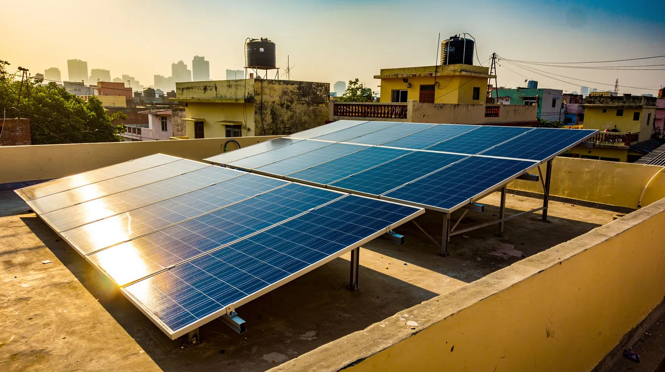 8cd90050 4e82 4dd2 baf3 09625ee398c2 The image depicts solar panels installed on a residential rooftop in India, basking under bright sunshine, showcasing a profitable venture in renewable energy. This installation highlights the growing market demand for sustainable energy solutions among aspiring business owners and homeowners.