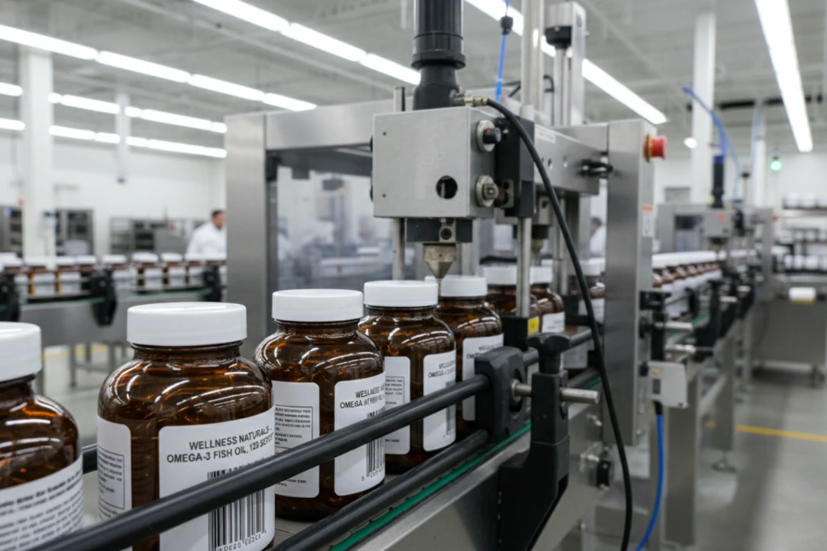Bottles moving along an automated vitamin packaging line inside a manufacturing facility.