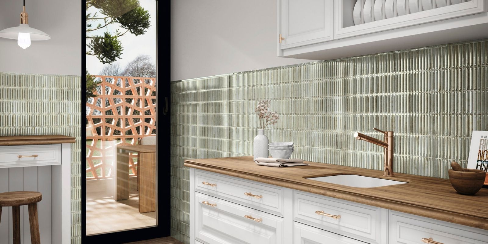 Sleek and timeless kitchen with light green feature wall tiles