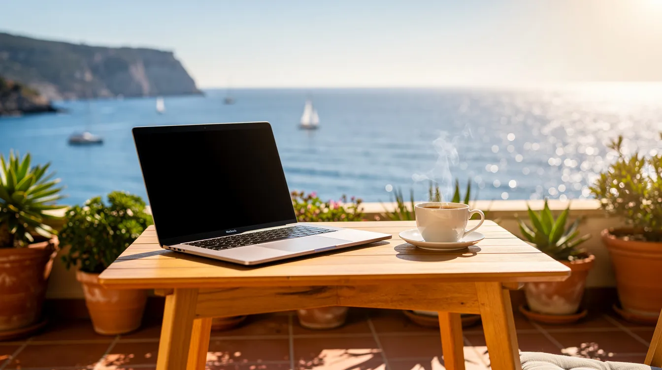 A laptop sits on a sunlit terrace adorned with potted plants, overlooking the sparkling Mediterranean Sea, with a coffee cup nearby, creating an inviting workspace ideal for remote workers living in Cyprus. This serene setting is perfect for digital nomads seeking a favourable business environment while enjoying the beauty of the region.