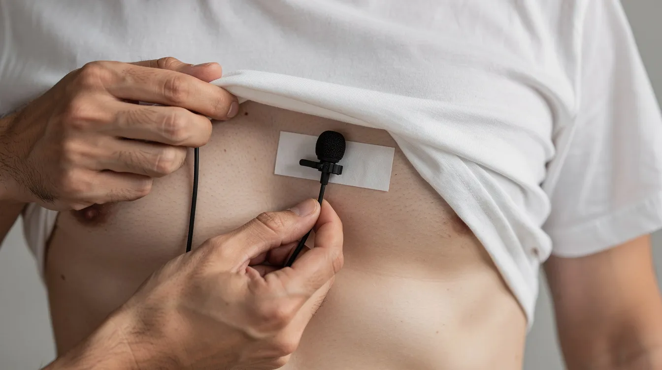 Die Hände einer Person befestigen ein kleines Lavaliermikrofon mit medizinischem Tape unter einem T-Shirt auf der Brust, um eine optimale Audioqualität für Videoaufnahmen zu gewährleisten. Das Mikrofon ist ideal für die Aufnahme von Sprache und Stimme in verschiedenen Situationen.