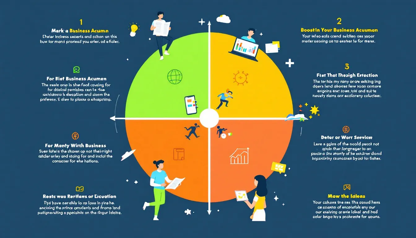 A collage of practical tips for enhancing business acumen, including staying informed and engaging with customers.