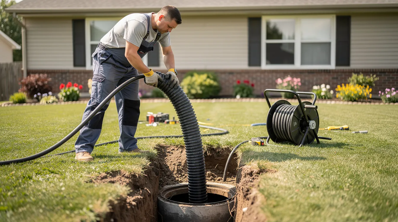 A plumber is shown carefully lowering a flexible pipe liner into a trench access point in a residential yard, addressing potential sewer line issues caused by tree roots. This process is part of a maintenance strategy to prevent future root intrusion and ensure the plumbing system functions smoothly.