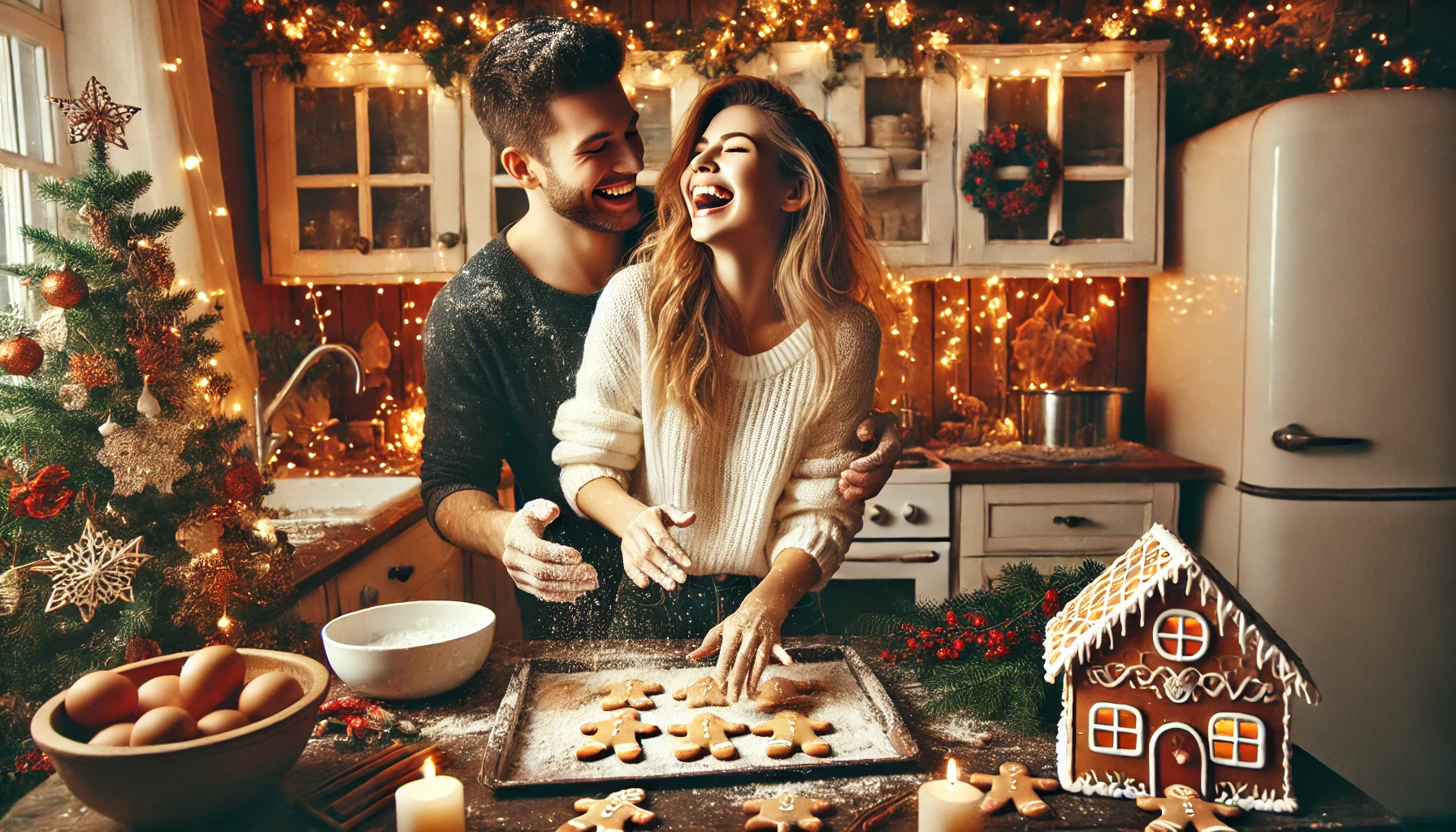 a couple is baking cookies together, laughing and playfully smearing flour on each other