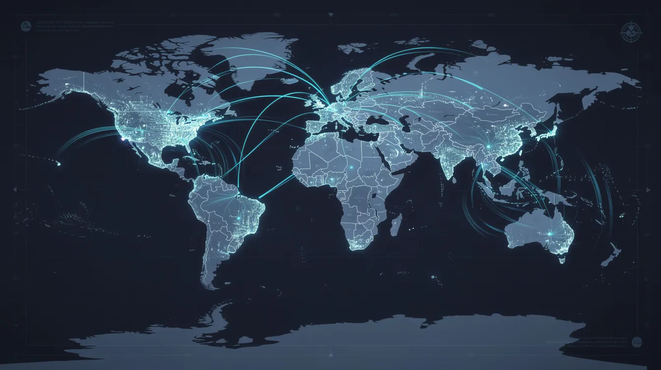 The image depicts a global map illuminated with glowing lines connecting major cities, symbolizing the flow of international payments and online transactions. This visual representation highlights the intricate network of payment processing and cross-border transactions that enable businesses to accept payments in multiple currencies.