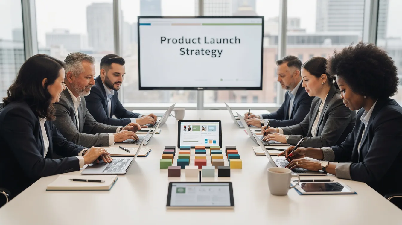 The image depicts a diverse team of industry professionals collaborating around a conference table, engaged in discussions while examining product samples and working on laptops. This scene highlights the importance of effective marketing strategies for building material companies, focusing on generating high-quality leads and understanding the target market.