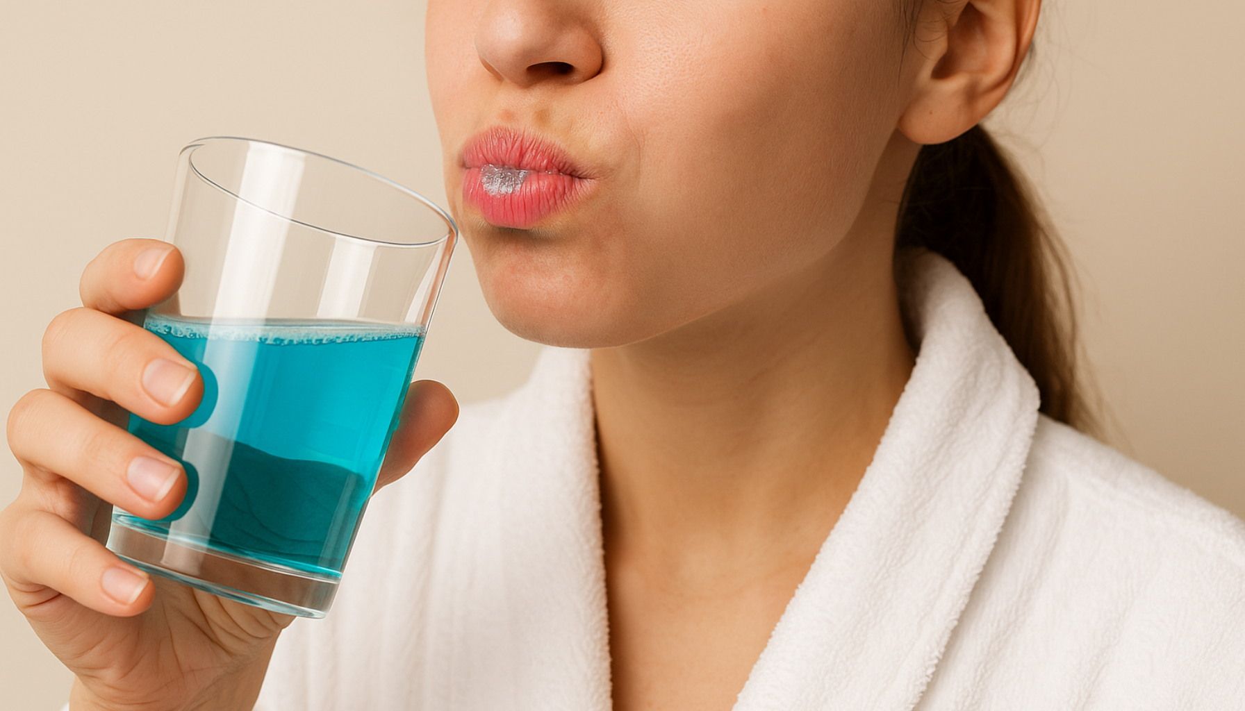 Kvinne i badekåpe skyller munnen med blå munnskyllevæske mens hun holder et glass i hånden.