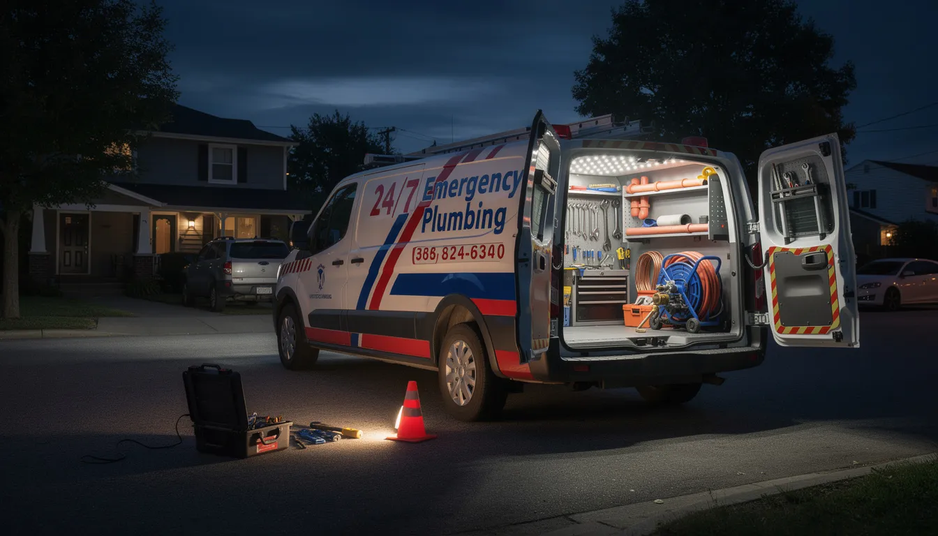 An emergency plumber work van, equipped with various plumbing tools, is parked in a quiet residential neighborhood at night, ready to provide urgent plumbing services such as drain cleaning and water heater repairs in Seattle, WA. The scene suggests a commitment to quality work and same day service for local residents facing plumbing issues.