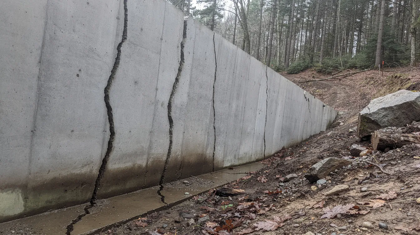 The image shows a concrete foundation wall on a sloped wooded lot, featuring visible cracks and water staining at the base, indicating potential construction defects that could lead to property damage. Such structural issues may necessitate legal action, and property owners might consider consulting experienced construction defect attorneys to address these problems and establish liability.