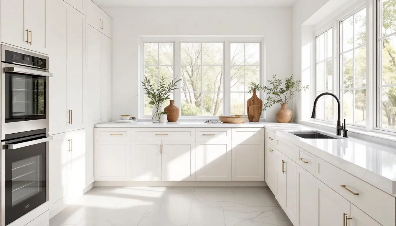 In this beautiful kitchen, alabaster-painted cabinets reflect natural light, creating a warm and inviting atmosphere. The combination of granite countertops and soft wall colors enhances the overall elegance of the space.