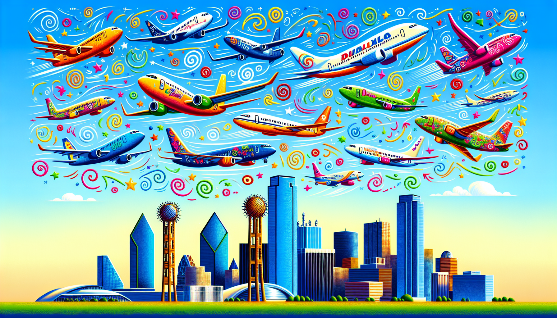 A cartoon depicting various airlines operating flights from NYC to Dallas, including American Airlines and Spirit Airlines.