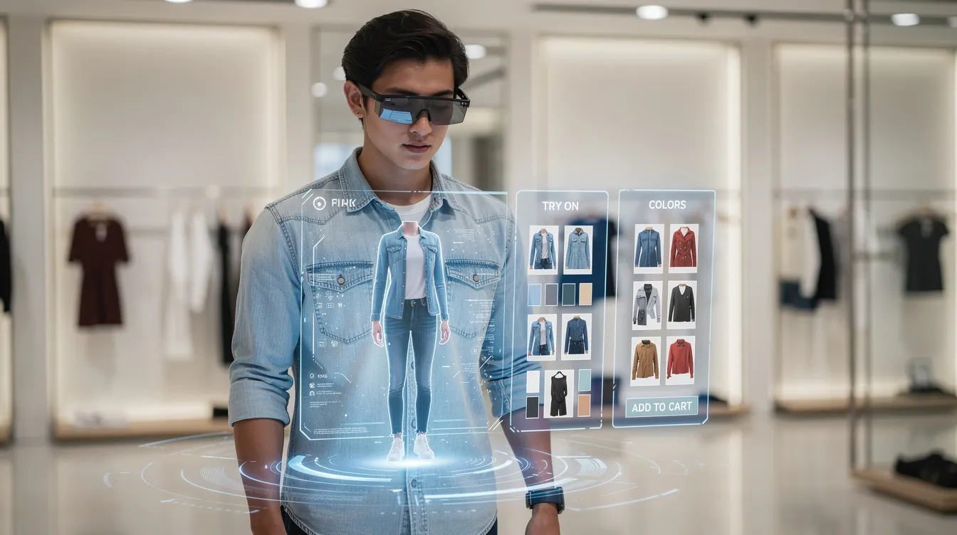 The image depicts a person engaging with augmented reality technology to virtually try on various clothing items, enhancing their online shopping experience. This innovative approach leverages AI tools to provide personalized shopping experiences, allowing customers to visualize products before making a purchase.