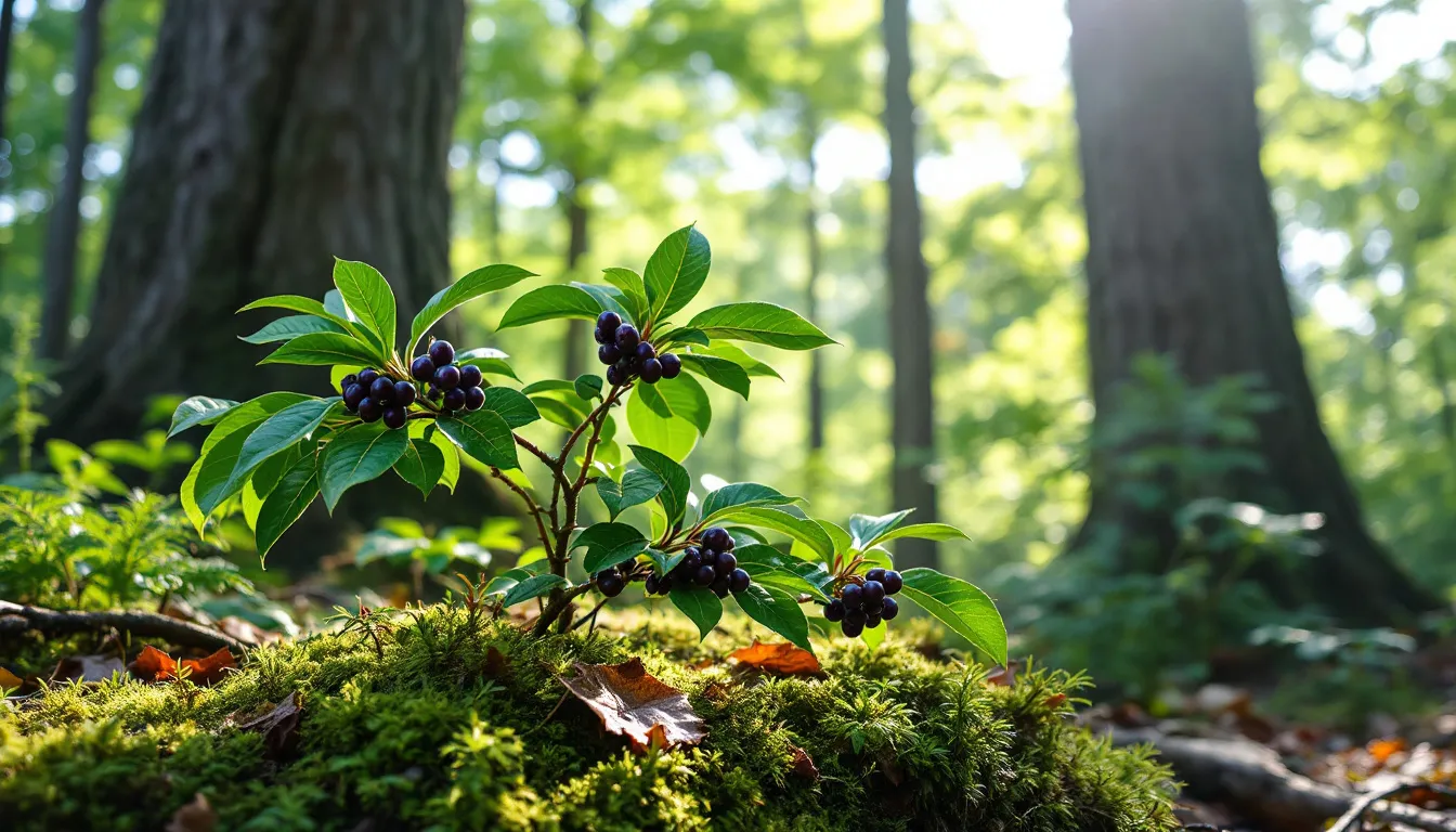 The image depicts a wild bayberry plant, Myrica cerifera, thriving in a natural woodland setting, showcasing its small, round berries among lush greenery. This plant is known for its bayberry root bark, which is often wild harvested for use in herbal remedies and liquid extracts.
