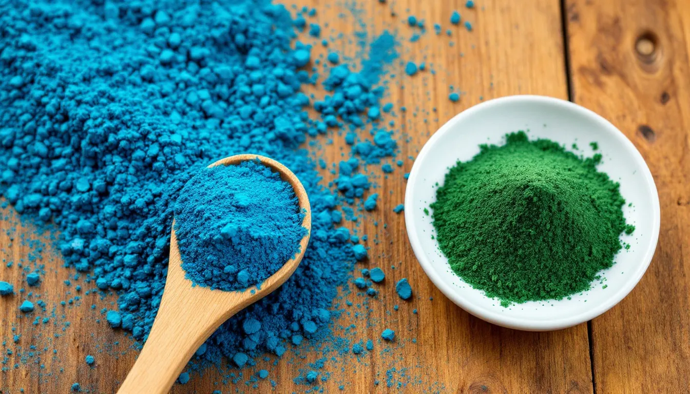 The image features blue majik powder in a wooden measuring spoon alongside dry spirulina powder.