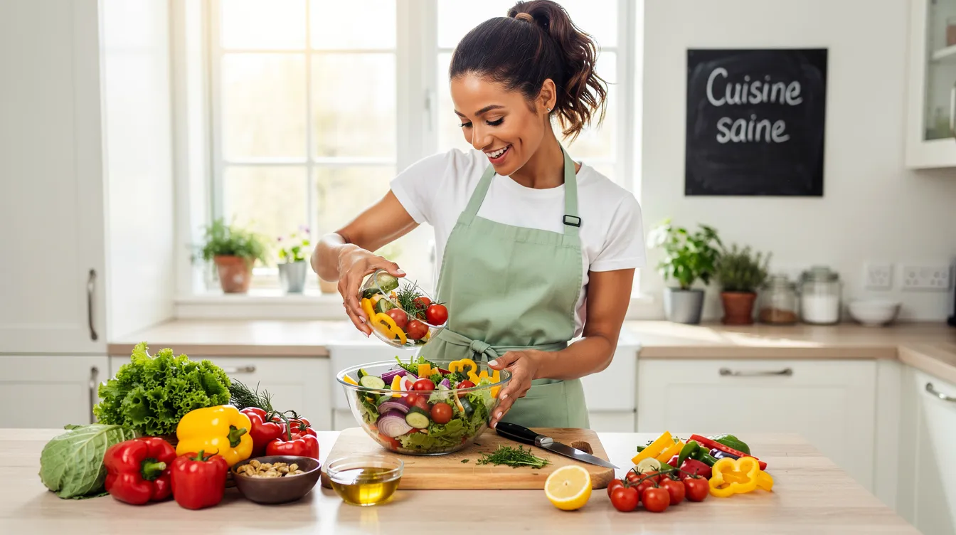 Une femme énergique prépare une salade colorée dans une cuisine lumineuse, remplie de légumes frais et de fruits rouges. Cette image évoque une alimentation saine, importante pour la gestion du syndrome des ovaires polykystiques (SOPK) et la sensibilité à l'insuline.