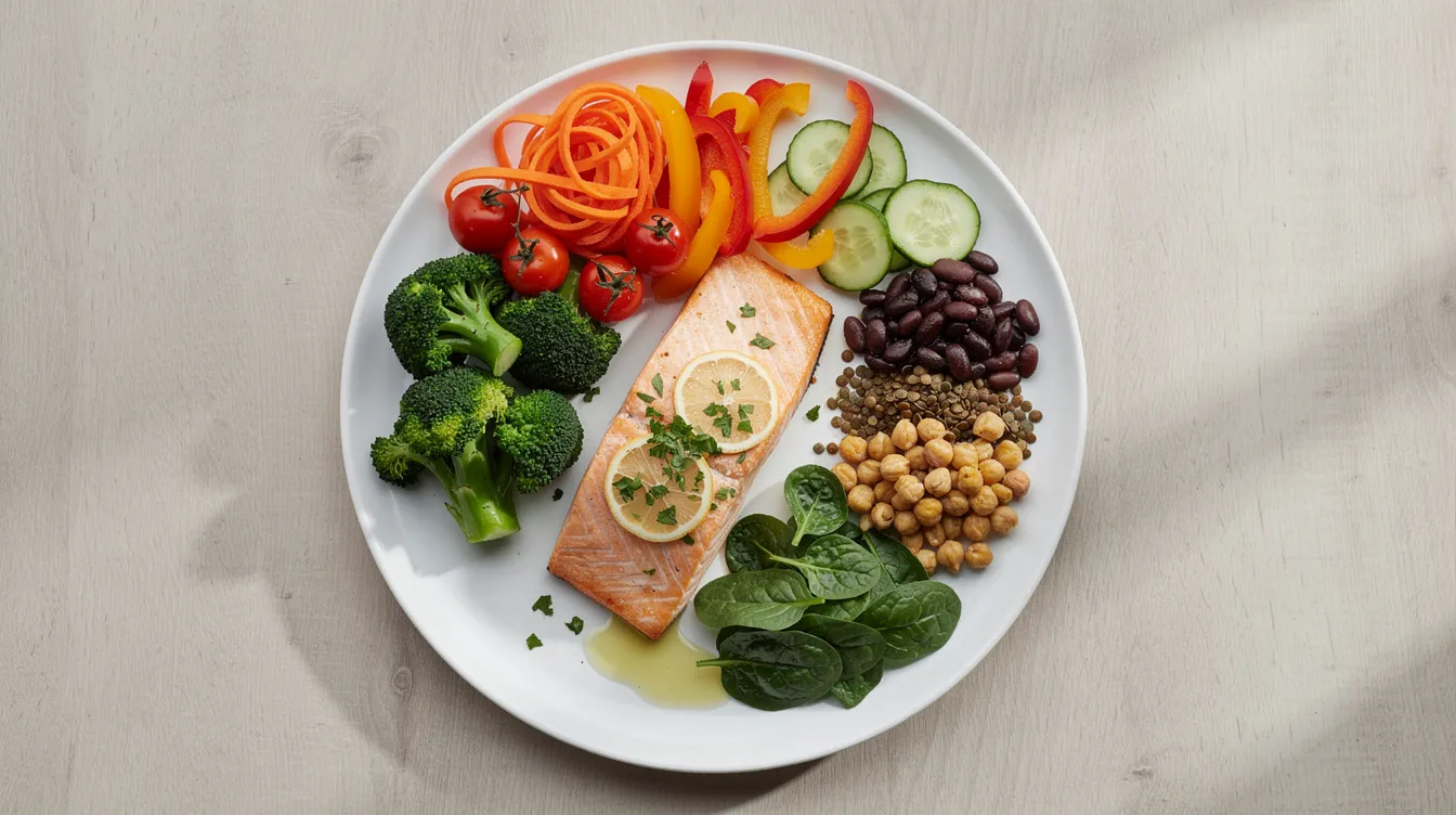 The image features a vibrant plate filled with healthy foods, including grilled fish, a variety of colorful vegetables, and legumes, all promoting cellular health and potentially supporting female fertility on the fertility journey. This nutritious meal emphasizes the importance of mitochondrial function and optimal dosing of oral supplements for overall well-being.