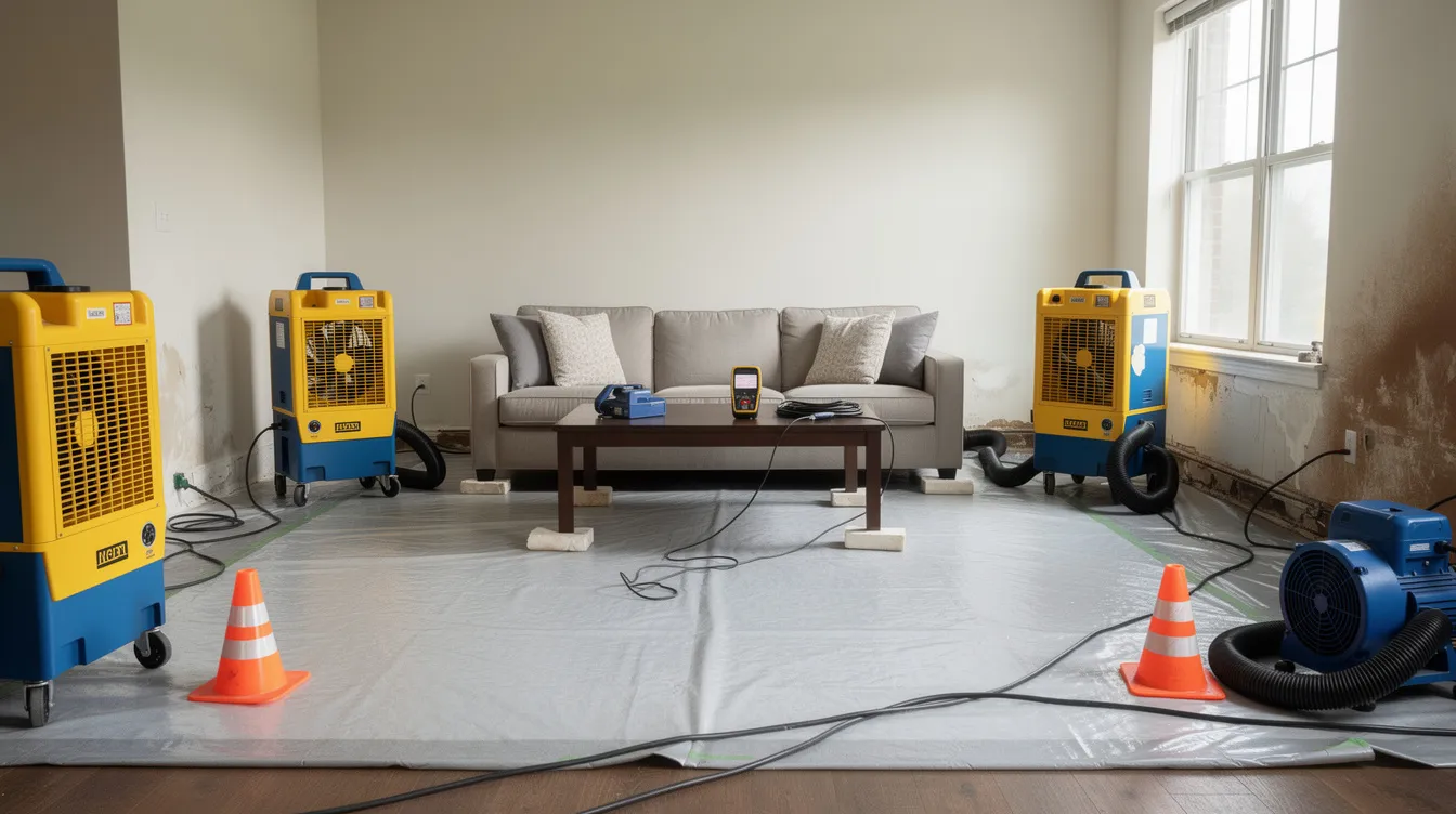 The image shows industrial dehumidifiers and air movers strategically placed in an apartment living room as part of the water damage restoration process following storm damage. This setup is essential for effective drying and minimizing the risk of mold growth, ensuring the space returns to its pre-loss condition.