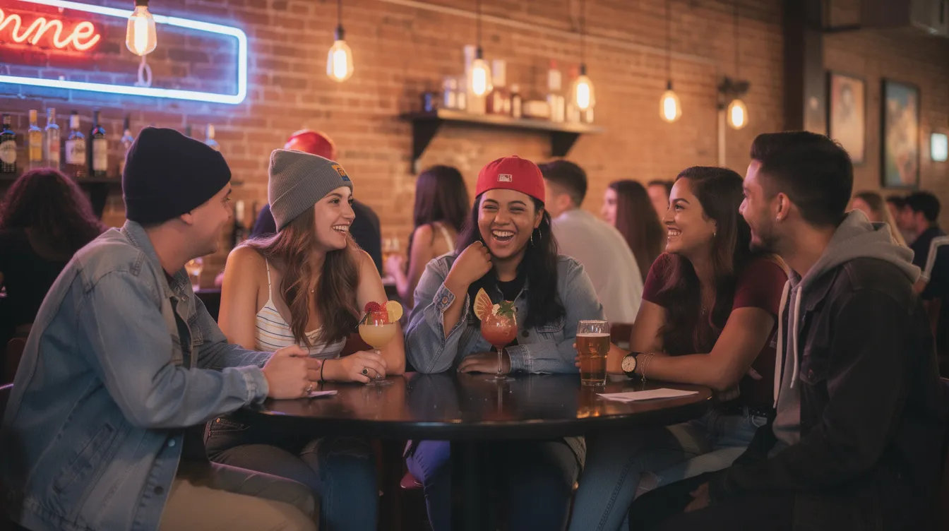 A lively group of Gen Z friends is enjoying a night out at a cocktail bar in Williamsburg, Brooklyn, filled with laughter and conversation. The atmosphere features a bustling dance floor, signature cocktails being served, and a disco ball reflecting colorful lights, creating a vibrant space for new friends to connect.